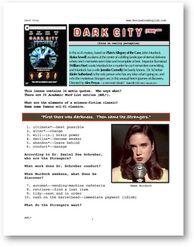 First page of Whole-Movie English Lesson for Dark City at Movies Grow English, site for ESL lessons